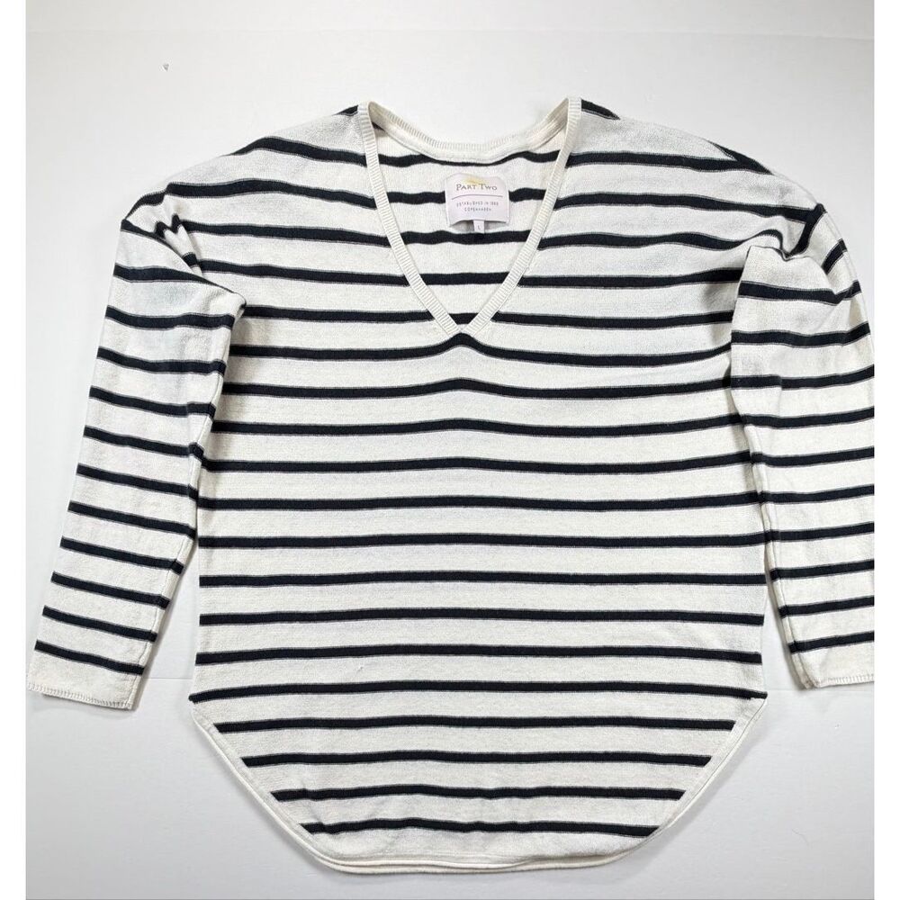 Part Two Copenhagen Stripe V Neck Sweater L Blue White Knit Tunic Cashmere Blend